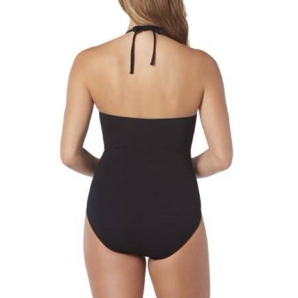 TIME & TRU Black Scallop Halter waffle knit keyhole One-Piece Swimsuit XL(16-18) - Picture 2 of 6
